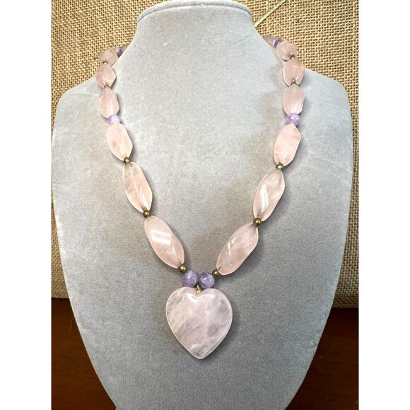 Heart Rose Quartz and Lavender Jade Necklace Gold Vermeil - Picture 2 of 7